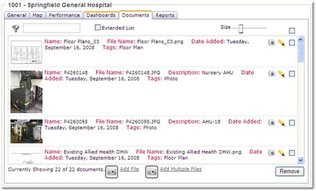 The Documents Tab provides document management functionality. Attached photos, drawings, spreadsheets, or any other kind of document to objects in the navigation tree. Open them with a double click.